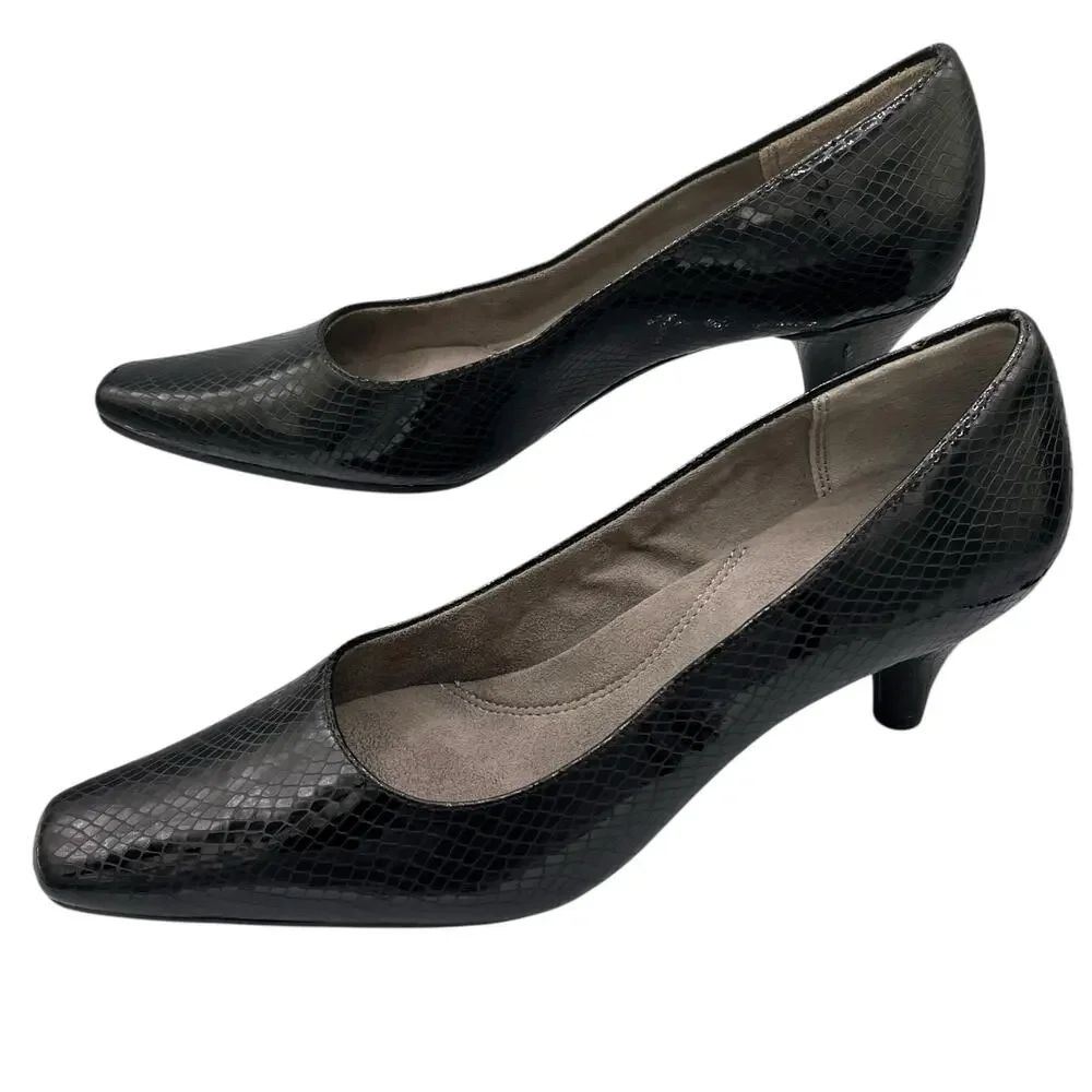 Aerosoles Black Snakeskin Embossed 2” Heel Comfort Pumps Workwear Travel